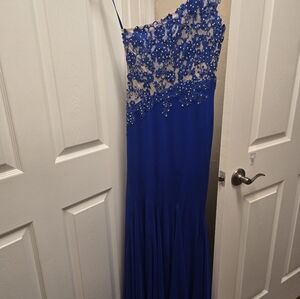 Xscape Royal Blue One-Shoulder Gown
